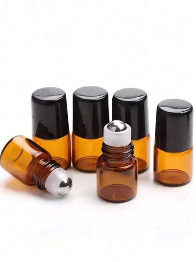 5pcs/Set Amber Glass Roll-On Bottles, 10ml/5ml/3ml/2ml Capacity, With Stainless Steel Roller Ball And Black Cap - Refillable Mini Cosmetic Containers For Essential Oils, Perfumes, Lip Balms, Leak-Proof Travel Accessories, Random Color