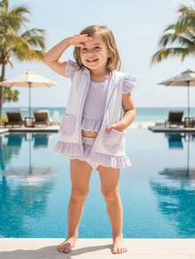 Traje de baño de tres piezas para niñas pequeñas, elegante y moderno, sin mangas, con parte inferior de bikini y cuello halter, bonito conjunto de trajes de baño para vacaciones en la playa. - Morado - Ver 2
