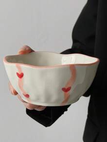 Cabin Kangaroo 1pc/2pcs/4pcs Set Asymmetrical Ceramic Bowl Set | 3D Heart Print Rustic Style Ceramic Bowl | Cute Pink Rim Snack/Salad Bowl, Suitable For Tabletop Decor And Daily Use - Multicolor - View 14