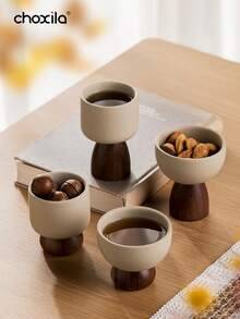 choxila 1个复古陶瓷杯，带木质底座，适用于盛放茶、咖啡、甜点、冰淇淋，也可作烛台使用，适合家居、办公室、店铺等场所。 - Cup - 查看 2