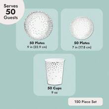 Serves 50 Guests Silver Party Supplies, 150 Piece Disposable Paper Plates and Cups Wedding, Birthday Decorations Foil Polka Dotted Design - Plateado - Ver 5