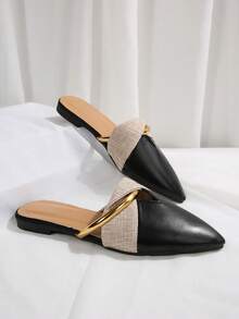 黑色平底穆勒鞋，金属搭扣，镂空尖头无后跟套脚鞋，女士春秋新款休闲乐福鞋，优雅通勤/驾驶鞋 - 黑色 - 查看 14