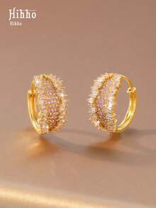 Hihho 1 Pair Shiny Sapphire Blue And White Zirconia Embedded Geometric Hoop Earrings, Fashion Elegant Personal Accessory, Suitable For Women's Daily Wear And Party/Holiday Gift - Earrings - View 21