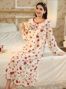 RS Pajama1 蕾丝圆领长袖撞色蕾丝浪漫优雅花卉印花睡裙 - 米色 - 查看 8