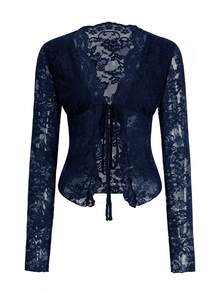 女士性感修身长袖镂空蕾丝衬衫 - 藏蓝色 - 查看 6