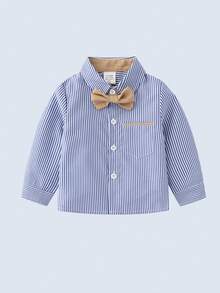 Áo sơ mi dài tay kẻ sọc cho bé trai, cài cúc phía trước và thắt nơ, đa năng và thời trang cho những buổi đi chơi thường ngày vào mùa xuân và mùa thu. - Xanh và trắng - Xem 3