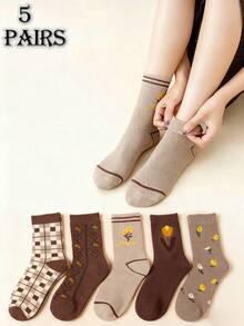 5 Pairs Of Tulip Patterned Socks, Thickened With Velvet, Suitable For Autumn And Winter, Sleeping At Home, Going Out, And Sports Youth (18-40 Years Old) - Multicolor - View 2