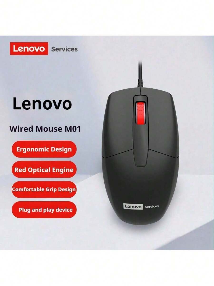 Lenovo M01 Wired Mouse, USB Wired Connection, DPI 1000, Ergonomic Design For Computers, Laptops, Office Use, And Gaming