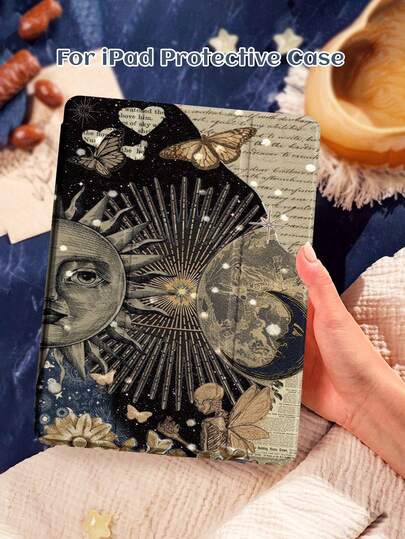 1 件复古日月星空插画图案扁平保护套，兼容 iPad 10.2 英寸（2021/2020 款）、iPad 10/9/8 代、iPad (A16) 11 英寸（2025 款）、Galaxy Tab A8 10.5 英寸（2022 款），平板电脑保护套带笔槽，支持自动休眠/唤醒功能，适合 2026 年末/新年节日。