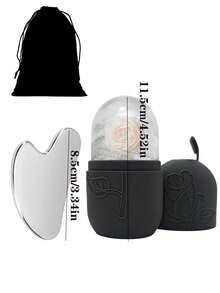 3pcs Set: Ice Roller + Stainless Steel Gua Sha Board + Plush Bag - Facial Care Ice Roller Set, Facial Massage Tool, Silicone Ice Roller, Ice Roller, Stainless Steel Gua Sha Board, For Relieving Facial And Eye Puffiness - Black - View 7