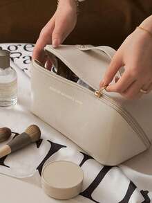 1pc Leather Cosmetic Bag, Minimalist Portable Handheld Makeup Bag, Elegant Travel Makeup Organizer, Dirt-Resistant - Milky White - View 5