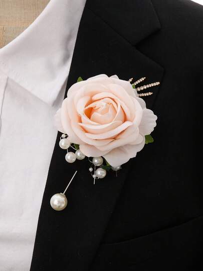 1pc Unisex Delicate Light Pink Rose Flower With Golden Beads Brooch, Romantic Nature Style Lapel Pin For Wedding, Prom, Party, Banquet Decoration