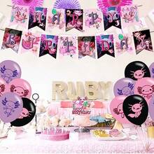DAxolotl Birthday Decoration - Pink Cartoon Axolotl Kawaii Theme Banner Cake Topper Latex Balloons For Party Plies Baby Shower - 粉色 - 查看 5