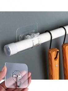 4pcs Transparent Curtain Rod Hooks, No Drill Adhesive Brackets, Suitable For Tension Rods, Adjustable & Reusable, Easy Installation, Black, Fits Any Room Decor, Valentine's Day/ Gift, Party Decor Shower Curtain Hooks