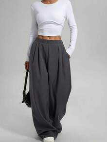 1pc Women Plus Size Solid Color Wide Leg Pants, Versatile Fashion Casual Wear For Daily And Commute - Dark Grey - View 5