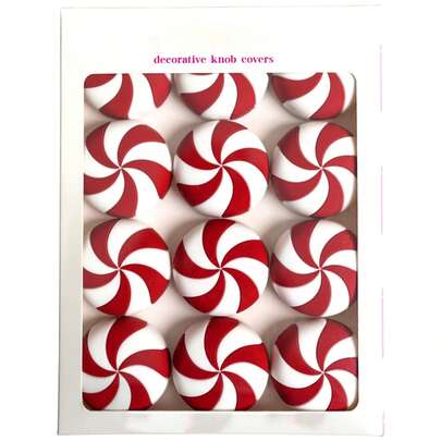 Decorative Knob Covers - Red Peppermint - 12pk - Stretch Over Hardware Decorations, Holiday-Winter-Christmas, Kitchen-Bathroom-Dressers-Home