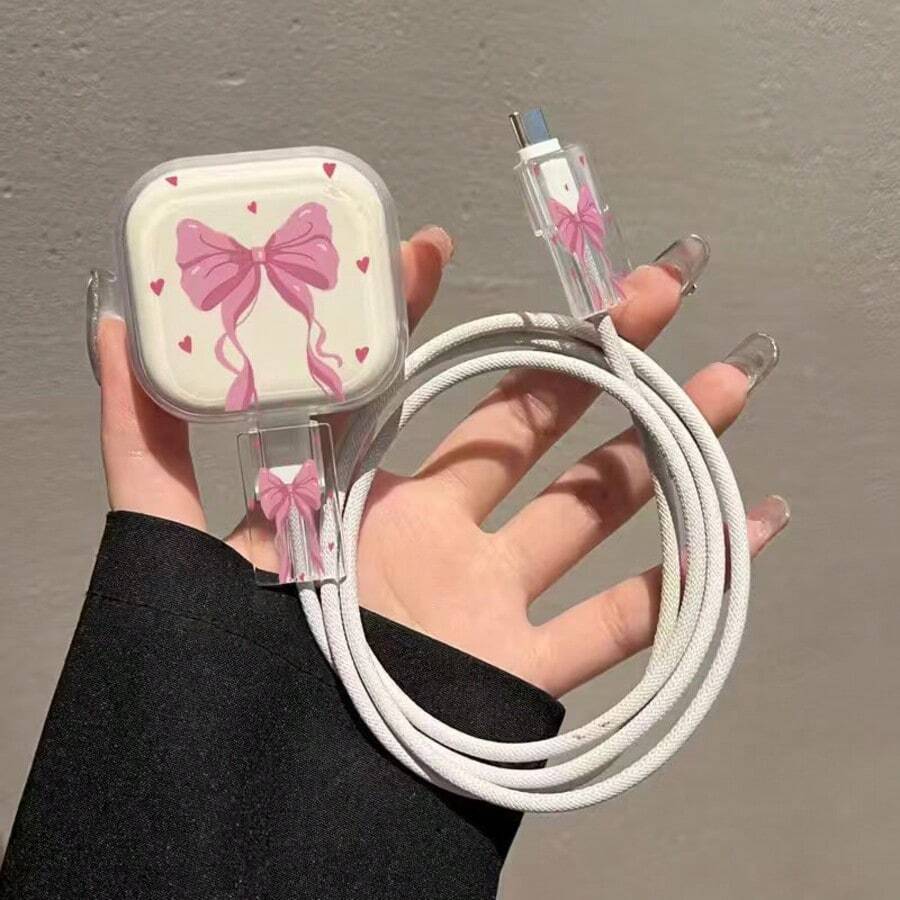 3pcs Pink Bow/Heart Transparent/Flower/Leaf Design Charger Protector Case Set Compatible With IPhone 18W/20W - Includes Data Cable And Power Cord Protector, Perfect Gift Choice - Multicolor - View 1