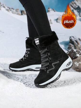 Damsnökängor, vinterkängor med plysch och vadderad design, höga snörningsstövlar med varma snören, ovandel i mocka och fluffigt foder, bekväm stötdämpande kardborrebandsdesign, lämplig för dagligt bruk, pendling, semester, resor på vintern