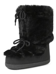 Women's Faux Fur Boots  Fuzzy Fluffy Furry Snow Boots Round Toe With Lace-Up Design Cute Warm Suitable For Christmas Halloween And Winter - màu đen - Xem 10