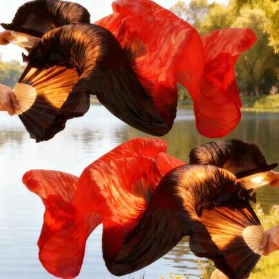 2 Pairs (Left + Right) Belly Dance Fans, 4pcs, 1.2m/1.5m/1.8m, Artificial Silk Bamboo Fans, Colorful Dance Cloth Fans, Long Foldable Belly Dance Fans