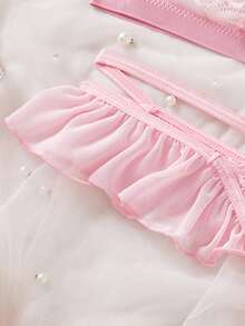 2pcs Women Sexy Pink Lingerie Set, Heart Lace, Bow Tie, Sheer, Garter Belt Bra Set, Sexy Underwear Set For Women - Pink - View 6