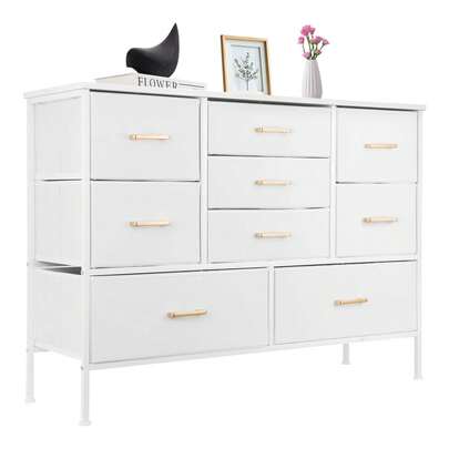 9-Drawer Fabric Storage Tower - White Chest Of Drawers With Fabric Bins, Tall Dresser For Bedroom Hallway Nursery