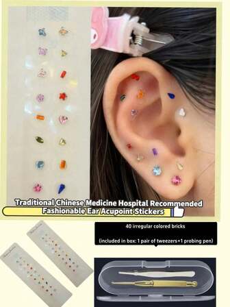 1 Set de Perlas de Acupresión Transparentes para Masaje de Oreja, Perlas de Cuidado de Oreja de Acupuntura, Kit de Acupuntura de Perlas de Oreja de Oro/Plata/Perla/Rhinestone - Alivia el Estrés, Fácil de Usar, Duradero, Apoya tus Hermosas Perlas de Plata