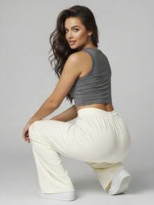 Comfortable Women's Wide-Leg Sweatpants, Soft, Structured Fit, Casual, Basic, Plain, With A Faux Drawstring. - Cream - View 7
