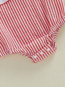 Conjunto para bebé niña de mi primer día de San Valentín, mono de rayas con bordado de corazón y lazo, sin mangas, mono de burbuja, mono de lino y algodón, ropa de playa de verano para recién nacida - Rojo - Ver 10