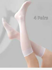 4 Pairs Women's White Semi-Sheer Mid-Calf Socks, Fashionable And Versatile For Everyday Wear, Cozy - White - View 5