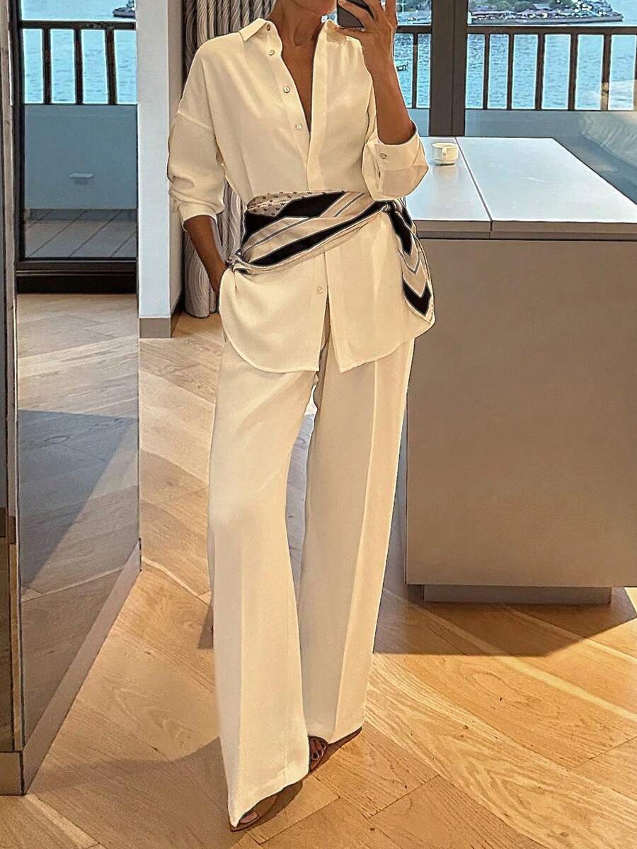 女士休闲通勤衬衫裤套装，长袖翻领贝壳扣衬衫+阔腿裤两件套，纯色休闲前扣办公日常穿着，春夏款