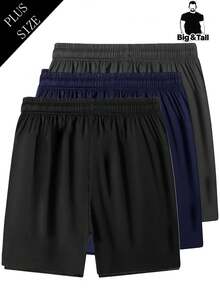 Plus Size Men's Elastic Straight Leg Shorts, Solid Color, Zipper Pockets, Drawstring, Lightweight, Suitable For Sports, Running, Fitness, Summer