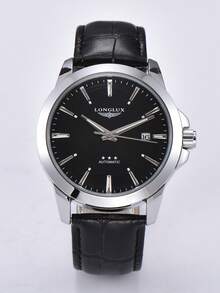LONGLUX 1pc Men's Automatic Mechanical Watch With Date Calendar PU Leather Strap, Business Premium - Black - View 11