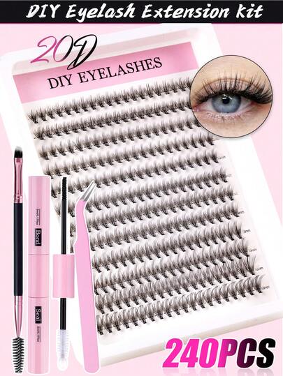 240片装 D-URL 9-16mm 混合款 DIY 睫毛嫁接套装，DIY 下睫毛，预购，大容量，柔软，单簇睫毛，打造蓬松自然妆效，Y2K 蝴蝶元素，粉色底卡，持久耐用，包含 DIY 睫毛胶水、DIY 卸妆液、DIY 睫毛镊子（20D/30D）