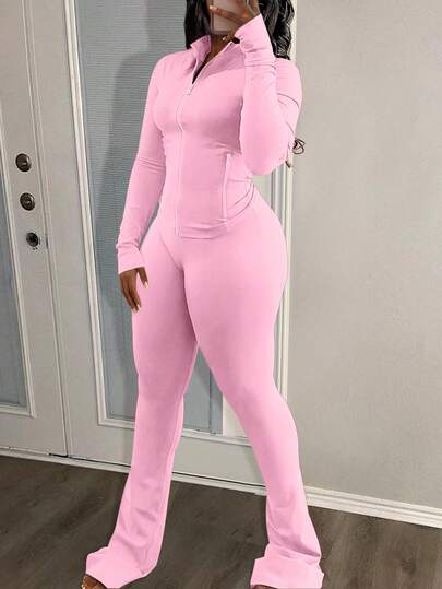 LovelyWholesale Ensemble de Top élancé à col montant à manches longues de couleur unie et pantalon de yoga pour femmes, adapté pour le printemps et l'automne