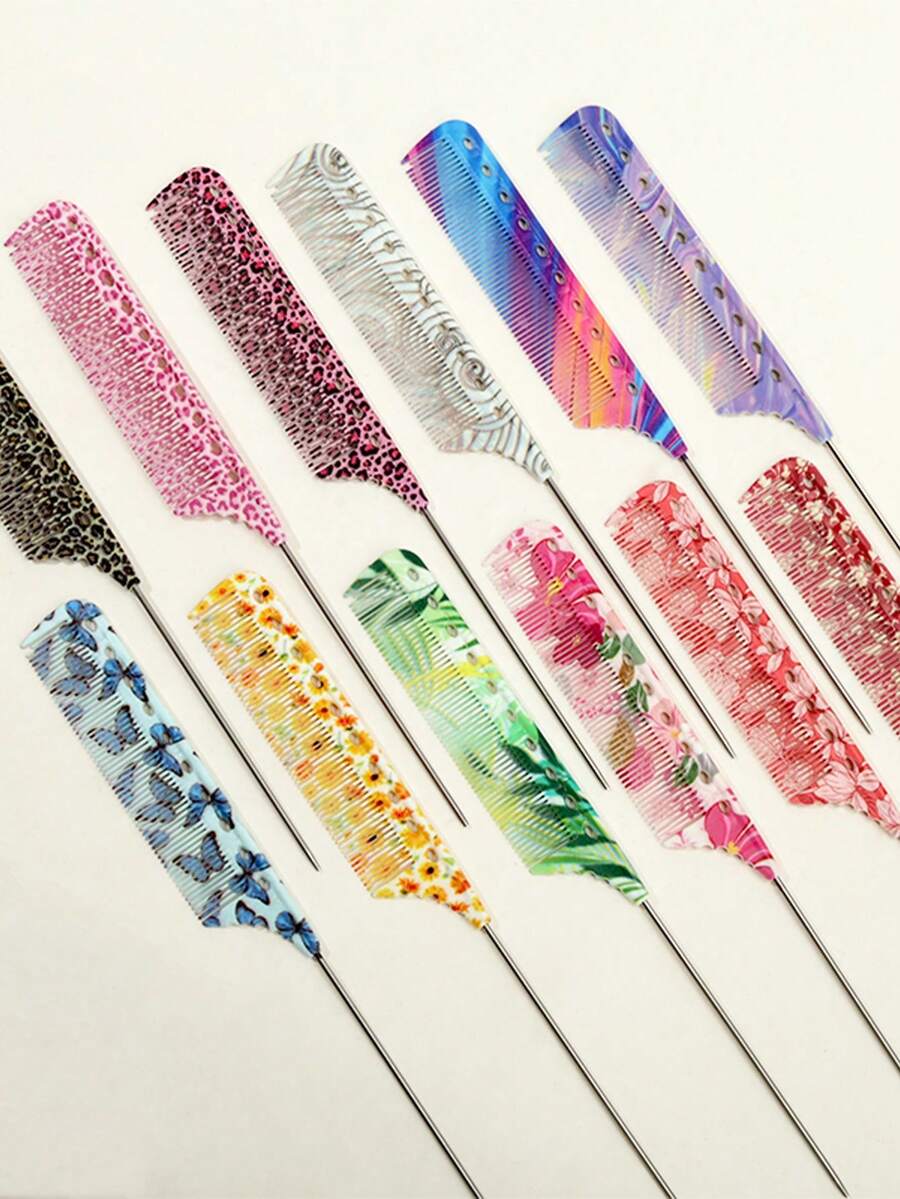 15 Patterns Colorful Anti-Static Tail Comb - Suitable For Professional Hairstyling And Home Use, Durable And Fashionable, Leopard Print/Fluorescent/Floral Patterns Available - Multicolor - View 1