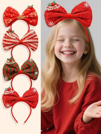 1/4pcs Christmas Element Headband, Suitable As Christmas Gift For Girls, Red Bow Decor, Children Christmas Hair Accessories, Fit For Party & Holiday