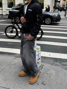 Men's Loose Fit Jeans, Non-Stretch Denim Jeans, Versatile For Everyday Wear, Baggy Leg Washed Jeans With Slant Pockets, Cotton Casual Streetwear Jeans - Flame scarlet - View 3