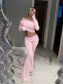 Women's Pleated Black Fungus Edge Long Sleeved Top, Low Waisted Flared Pants Set, For School Opening Ceremony, Graduation Season, Evening Date, Valentine's Day Women's Two Pieces Set - Baby Pink - View 8