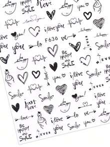 3D Nail Stickers Heart Love Geometry For Nails Black Letter Stickers Face Heartbeat Adhesive Sticker Romantic Valentines Nail Design Art Decoration - Black - View 6