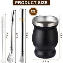 Double Wall Insulated Yerba Mate Gourd Cup Set 8oz Stainless Steel With 2 Bombillas And Cleaning Brush Black - 1 - Xem 2