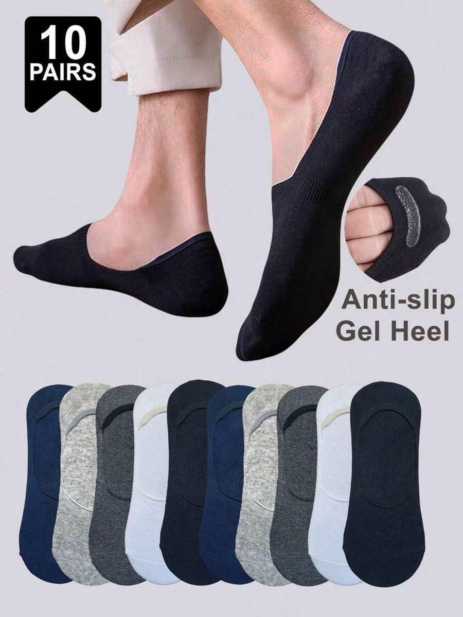 1/5/10 Pairs (Random Delivery) Extra Large Size Men's Anti-Slip Silicone Heel Invisible Ankle Socks, Suitable For Daily Life Or Sports - Multicolor - View 1