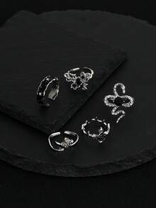 Set da 5 anelli in stile punk con fiori, cristalli e farfalle, set di anelli multicomponente con serpente, rosa e croce, per donne - Argento - Visualizzare 3