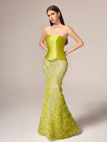 VIPGIRL Đầm dạ hội cúp ngực màu xanh lá chanh sang trọng, thanh lịch - Thiết kế đuôi cá với lưới đính sequin tương phản, viền bèo nhún bằng vải dệt, kiểu dáng ôm sát không tay | Thích hợp cho các bữa tối trang trọng, sự kiện thảm đỏ, dạ hội tốt nghiệp, tiệc cưới và nhiều dịp khác. - màu xanh lá - Xem 7