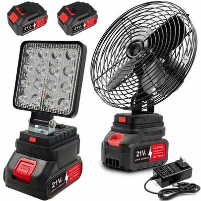 Ventilador Portátil Inalámbrico Recargable ,Cuenta con dos baterías recargables de litio, de color negro, fácilmente transportables y equipadas con una luz LED.Adecuado tanto para actividades familiares como al aire libre.
