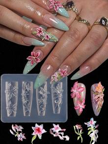 Molde de tallado de uñas con relieve tridimensional de flores de lirio, diseño de patrón de pétalos de flores de hibisco y mariposa, herramienta de desmoldeo para manualidades de arte de uñas, suministros de manicura - transparente - Ver 13