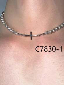 1pc Grey & White Faux Pearl Beaded Cross Necklace, Fashionable Luxurious Multi-Color Copper Necklace, Gothic Style Suitable For Men & Women, Party & Daily Wear, Jewelry Gift - Multicolor - View 18