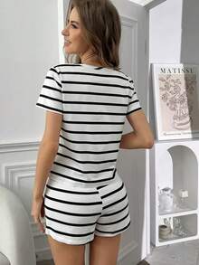2pcs Spring Knitted Striped Pattern Milk Silk Women Round Neck Short Sleeve Top And Shorts, Classic Elegant Comfortable Casual Homewear - White - View 3