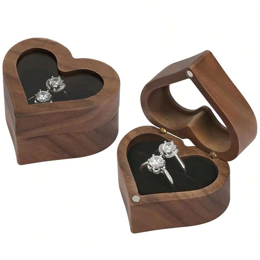LETURE Wood Ring Display Box With Transparent Cover Single Slot 2 Slot, Heart Shaped Person.Alized Wooden Jewelry Box For Proposal Engagement Wedding Ceremony Anniversary (Black - 2 Slots),Black-2Slots - Black-2Slots - Xem 1