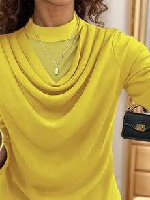 Elegant Double-Layer Ruffle Mesh Loose Long Sleeve Top, Casual & Versatile, Autumn/Winter - Yellow - View 5